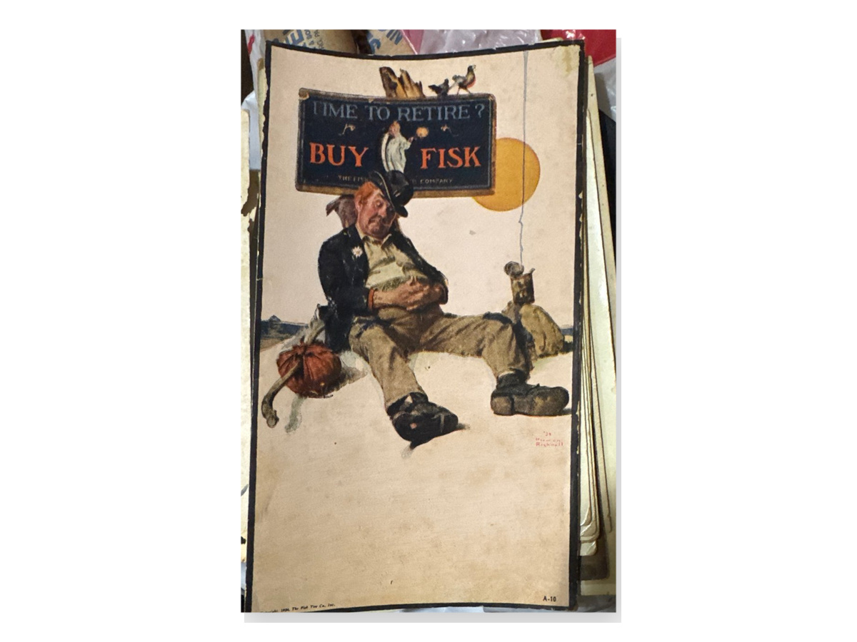 1936 Fisk Tire advertising postcard with Norman Rockwell artwork