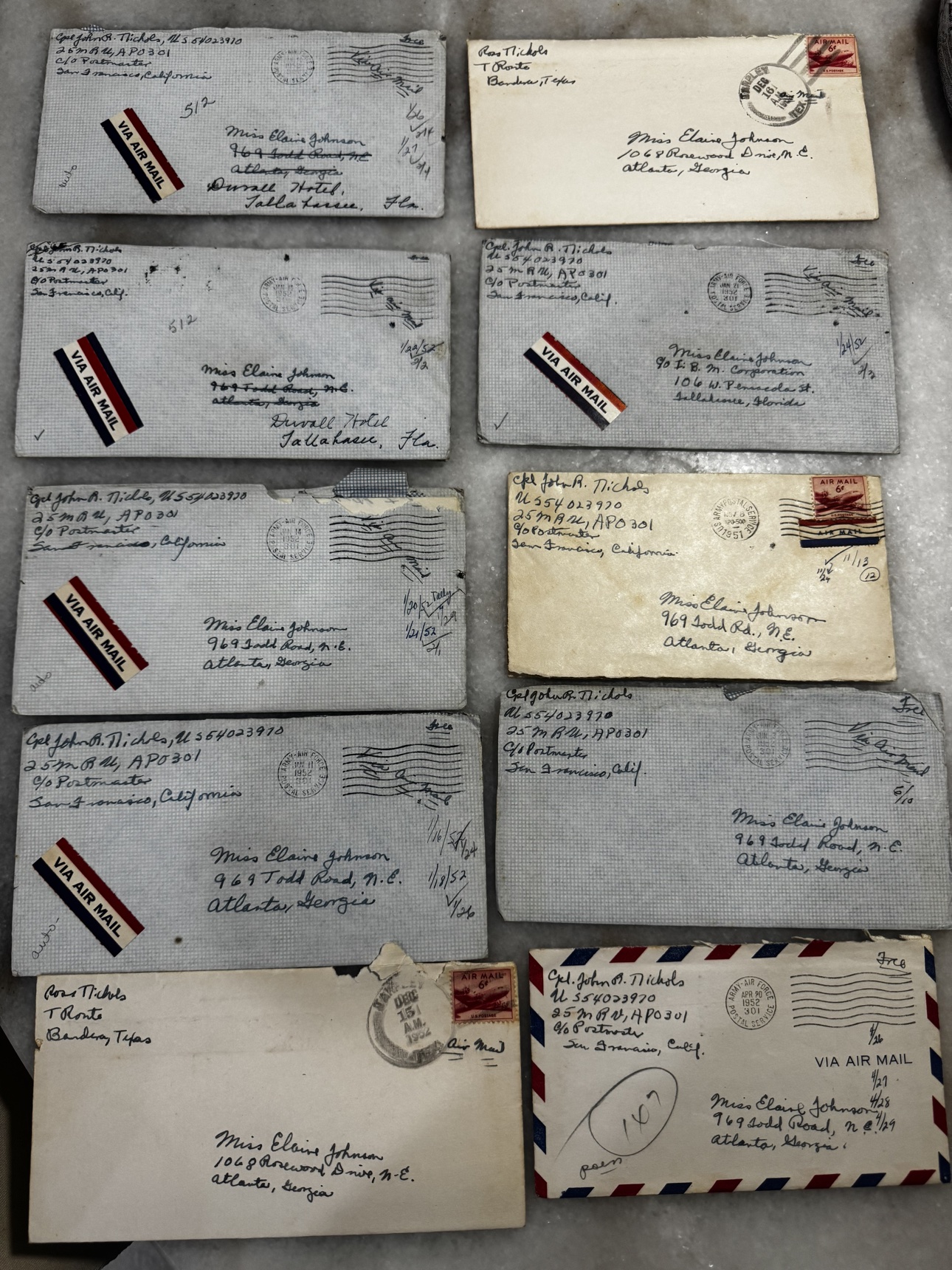 Details from the lot of 10 Korean War-era airmail covers