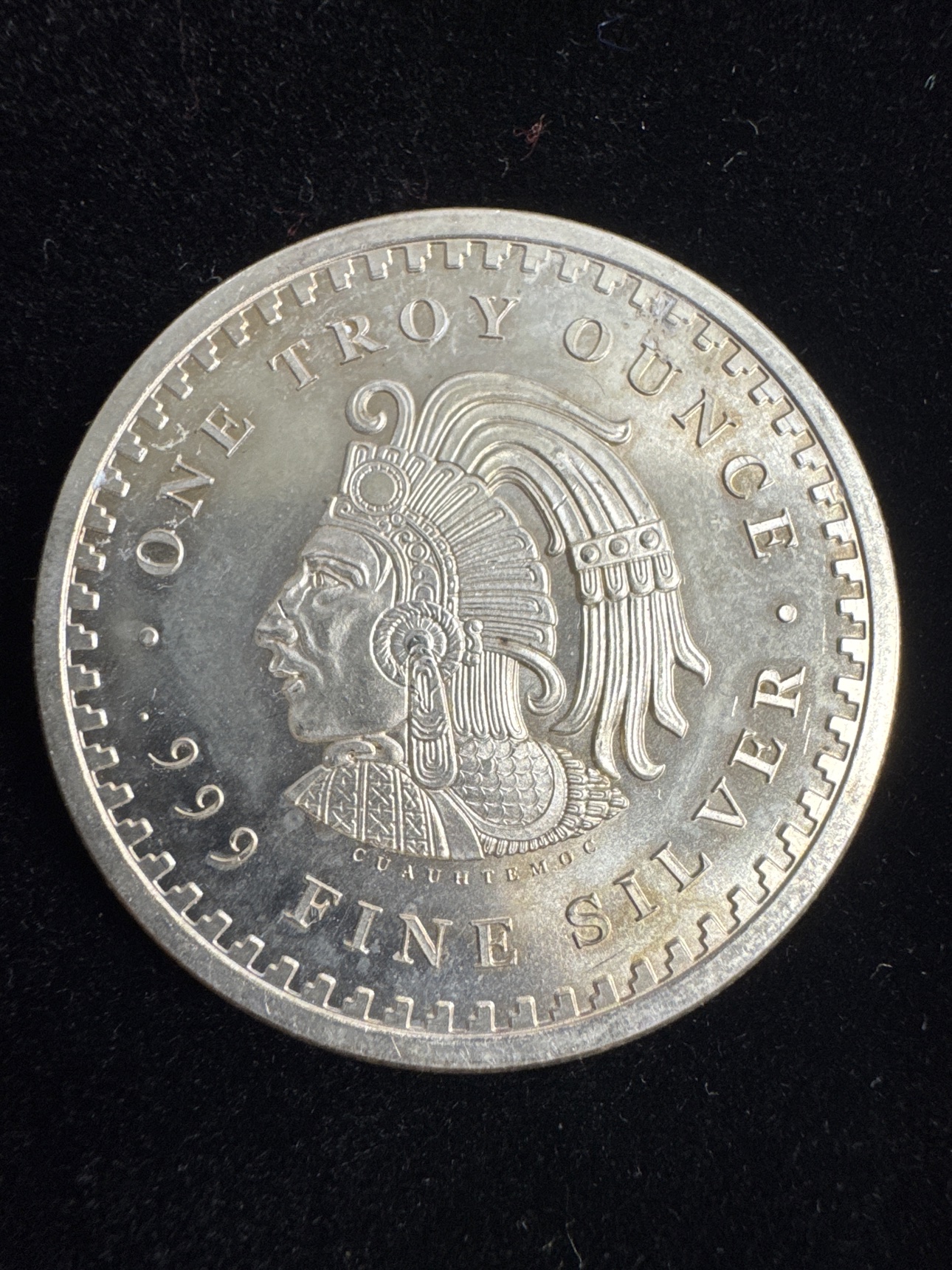 Cuauhtemoc side of the one-ounce .999 fine silver Aztec round