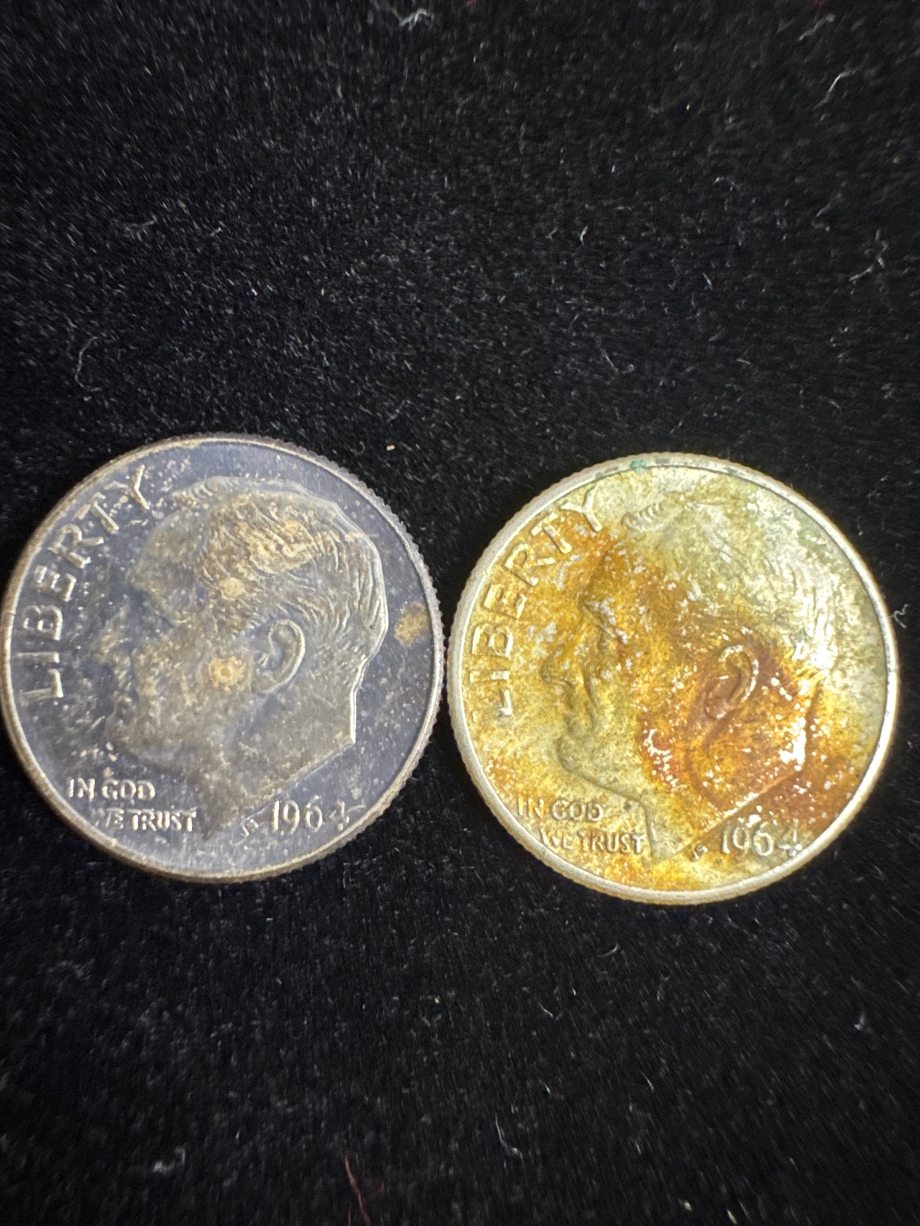 Two circulated 1964 U.S. Roosevelt silver dimes