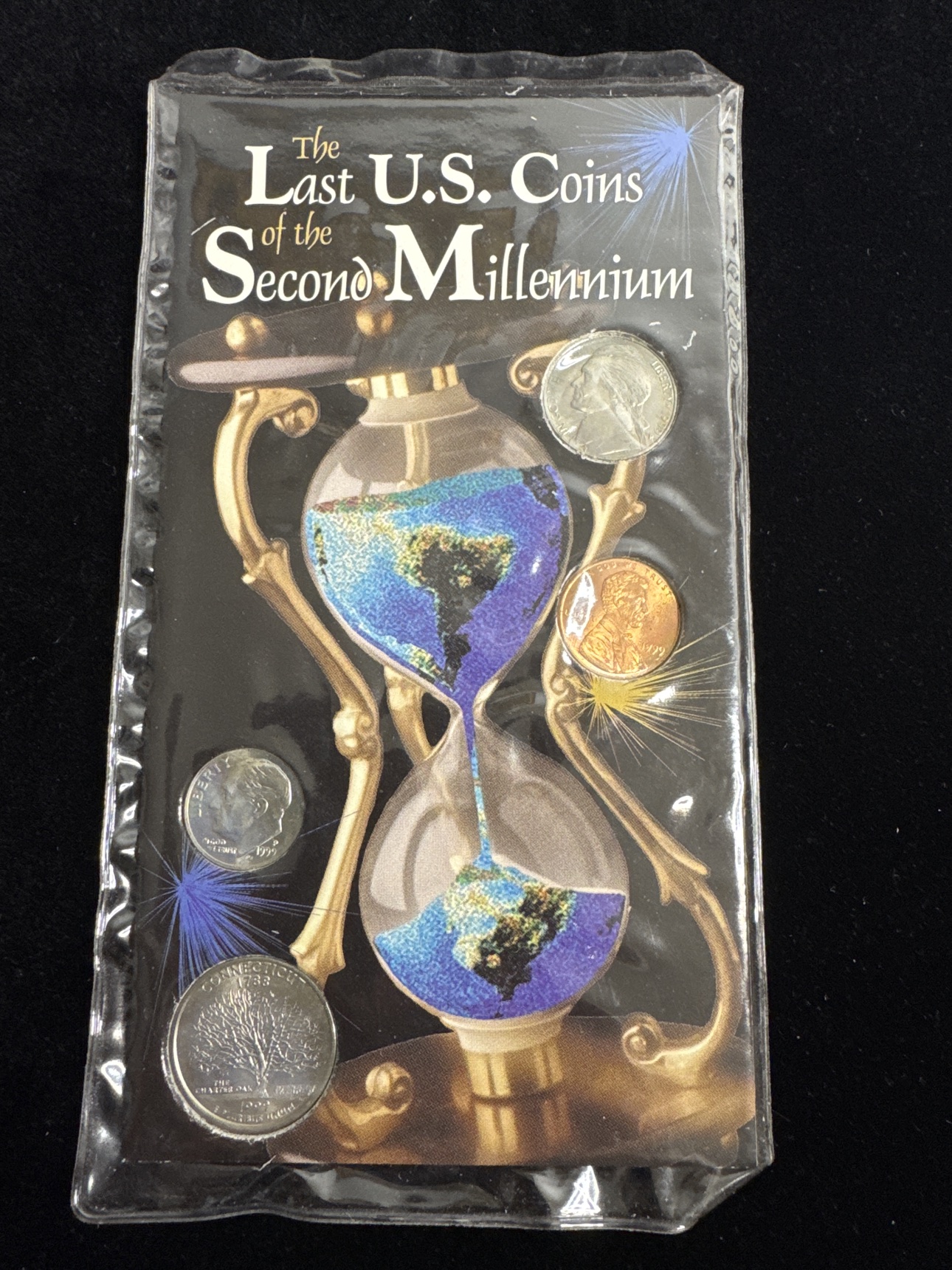 Front of the sealed Last U.S. Coins of the Second Millennium five-coin package by The Morgan Mint